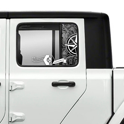 Par de Jeep Gladiator Puerta lateral Ventana Brújula Mapa topográfico Pegatinas Calcomanías Vinilo Gráficos Raya
