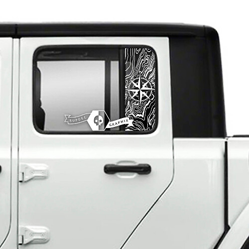 Par de Jeep Gladiator Puerta lateral Ventana Brújula Mapa topográfico Topo Pegatinas Calcomanías Vinilo Gráficos Raya
