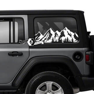 Par de Jeep Wrangler Unlimited puerta lateral ventana montañas bosque calcomanías recortar gráficos de vinilo
