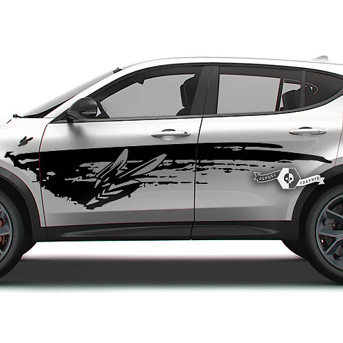 Par de pegatinas de vinilo destruidas con pintura deslumbrante y logotipo de barro para puertas de Dodge Hornet
