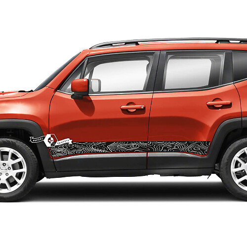 Par Jeep Renegade Rocker Panel Topográfico Mapa Estilo Raya lateral Gráfico Vinilo Calcomanía Etiqueta 2 colores

