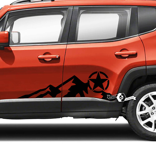 Par Jeep Renegade puertas laterales montañas gráfico militar estrella vinilo calcomanía pegatina raya

