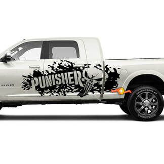 Par Dodge Ram puertas laterales cama destruida Punisher Skull Truck vinilo calcomanía gráfico
