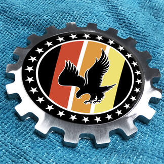 Logotipo Vintage de águila calva, insignia de Metal de aluminio, emblema de engranaje de cabecera de aluminio
