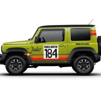 2X Suzuki JIMNY 4WD Vintage Color Cuatro rayas de color Puertas laterales calcomanías gráficas Número personalizado
