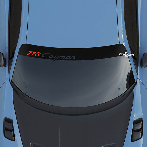 Calcomanía de kit de logotipo de Porsche 718 Cayman para parabrisas con rayas de fondo.

