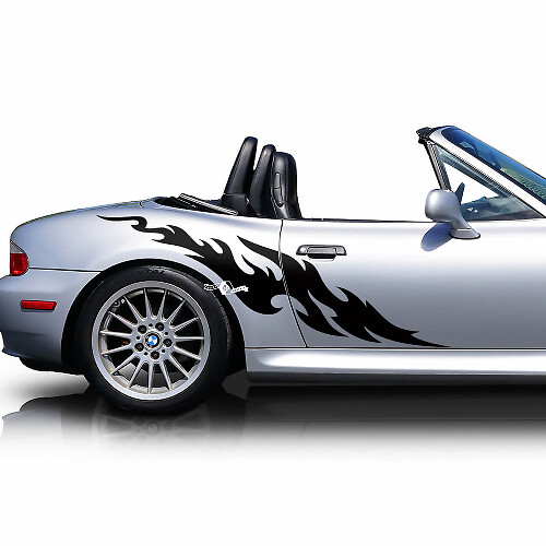 Calcomanía de vinilo con tres rayas para puertas laterales con llamas
