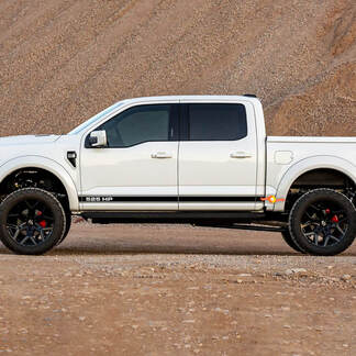 Par Ford F-150 Raptor SHELBY 525HP Puertas laterales Líneas Conjunto de gráficos Logotipo Calcomanía de rayas
