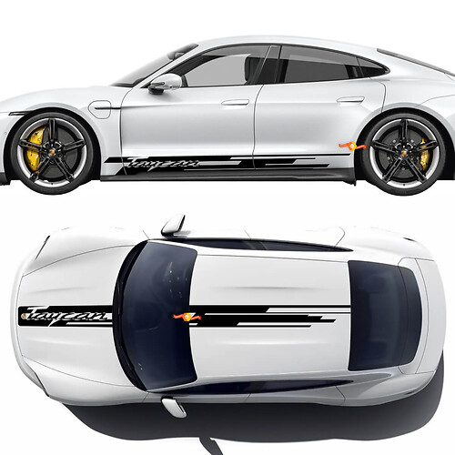 Rayas decorativas laterales Porsche Taycan con logotipo PORSCHE - Pegatinas gráficas de vinilo personalizadas
