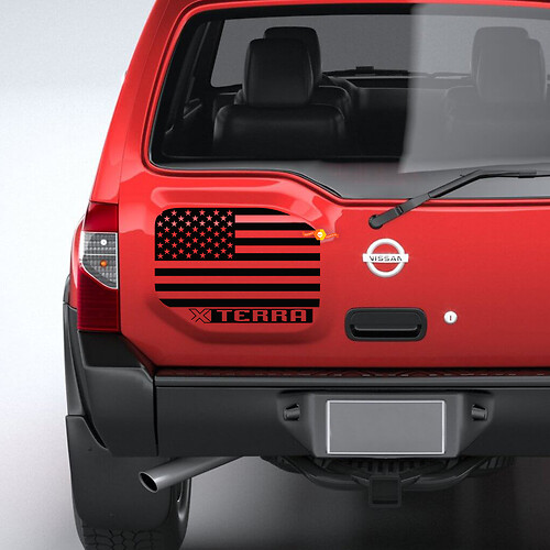 Calcomanías de pegatinas de vinilo con gráficos desgastados de Nissan Xterra con bandera estadounidense trasera Grunge
