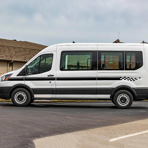 Calcomanías de rayas a cuadros de vinilo para los laterales de Ford Transit
