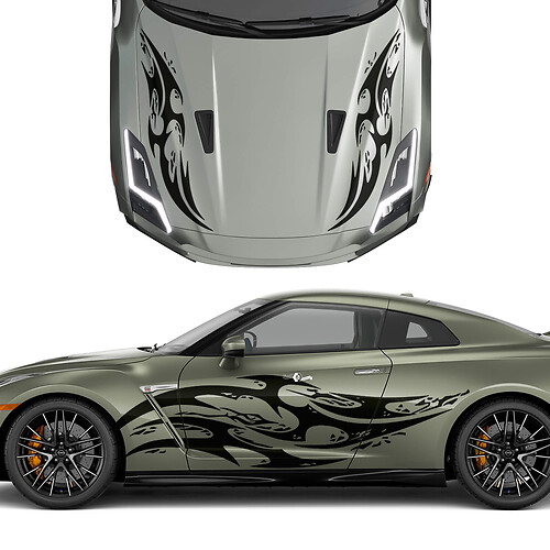 Capucha y lados Kit de calcomanías de rayas de gráficos de tatuajes de tatuaje de doble tatuaje para Nissan GT-R
