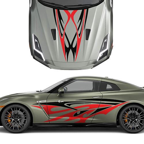 Capucha y lados Kit de calcomanías de rayas de gráficos de tatuajes de tatuaje de doble tatuaje para Nissan GT-R 3
