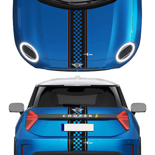 Calcomanía de vinilo con franjas a cuadros en capó y parte trasera para Mini Cooper S