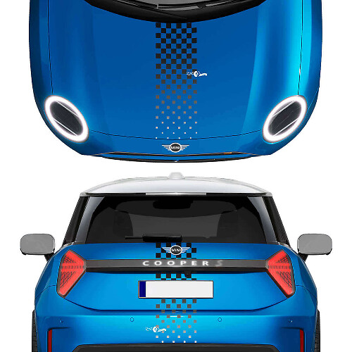 Calcomanía de vinilo con gráficos a cuadros degradados en el capó y la parte trasera para Mini Cooper S
