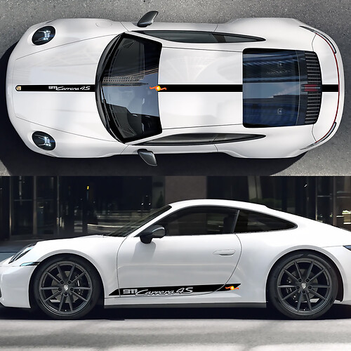Kit de calcomanías para capó lateral, techo, franjas de paneles laterales y puertas para Porsche 911 Carrera 4S.
