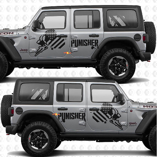 Calcomanía de vinilo con franjas y bandera de EE. UU. Punisher para puertas laterales, compatible con Jeep Wrangler 1