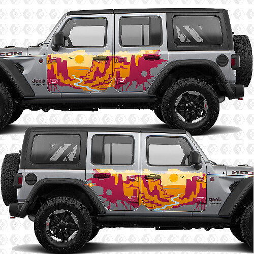 Vinilo adhesivo de franjas para puertas laterales Sunset Desert Canyon, compatible con Jeep Wrangler