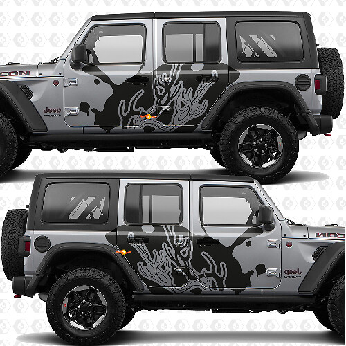 Calcomanía de vinilo silueta de astas con salpicaduras para puertas laterales compatible con Jeep Wrangler 1