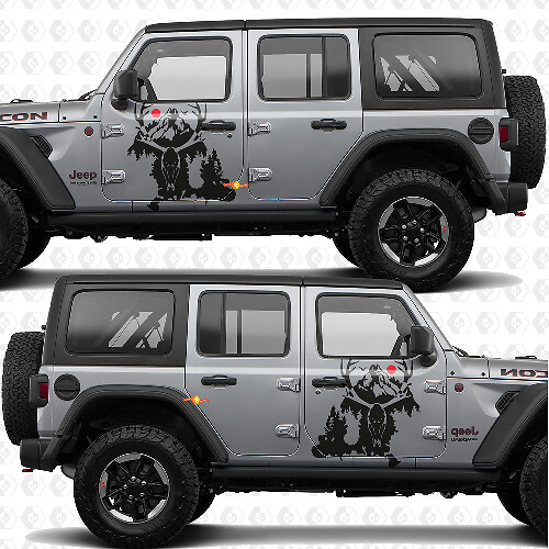Calcomanía de vinilo con diseño de cráneo de ciervo y montañas para puertas laterales Splash, compatible con Jeep Wrangler