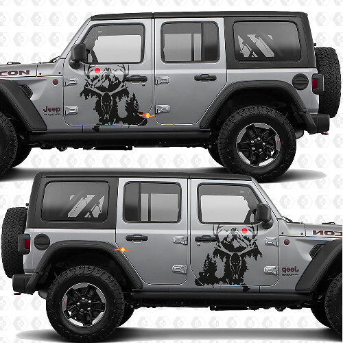 Calcomanía de vinilo con diseño de cráneo de ciervo y montañas para puertas laterales Splash, compatible con Jeep Wrangler