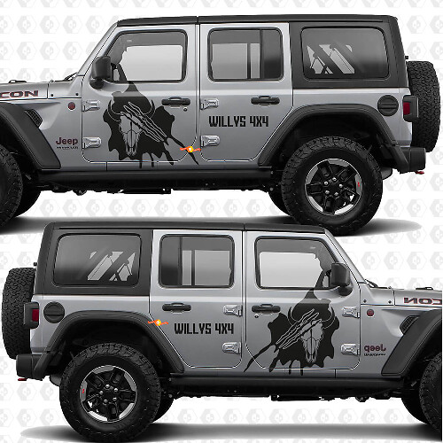Calcomanía adhesiva de vinilo de puertas laterales con diseño de calavera y marcas de garra 4x4 compatible con Jeep Wrangler