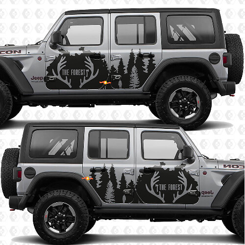 Calcomanía adhesiva de vinilo para puertas laterales línea Deer Antlers Forest compatible con Jeep Wrangler 1