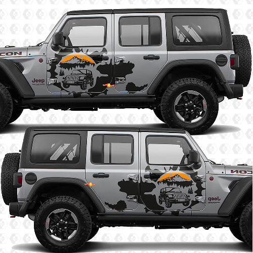 Vinilo adhesivo de calcomanía para puertas laterales Splash atardecer montañas Overland, compatible con Jeep Wrangler 1