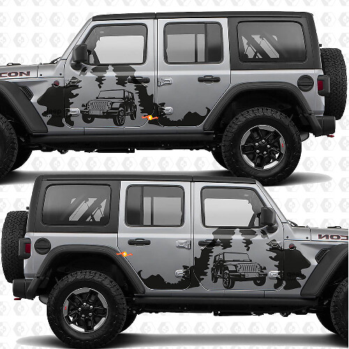 Calcomanía de vinilo para puertas laterales Overland Forest Splash, compatible con Jeep Wrangler 1
