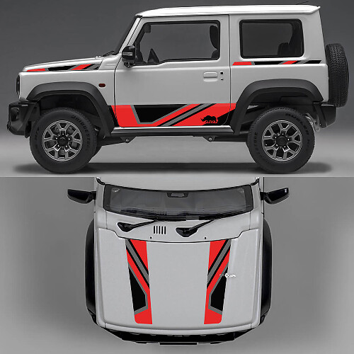 Calcomanías de vinilo con diseño de líneas abstractas edición Rhino para puertas laterales y capó de Suzuki Jimny 1