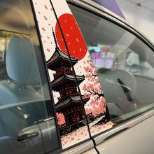 Templo japonés atardecer pétalos de sakura puertas de pilar adhesivo de vinilo 2