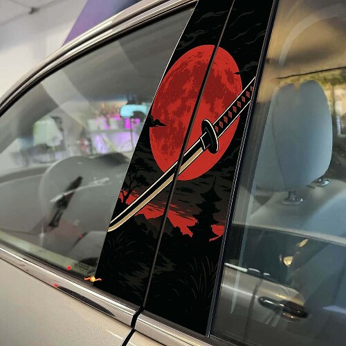 Kit de vinilo adhesivo para puerta y pilar del coche Luna Roja Katana japonesa