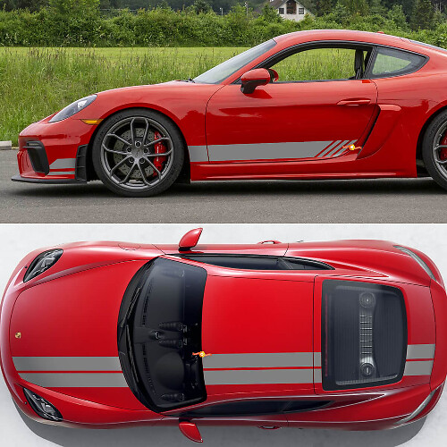 Juego de calcomanías de vinilo de rayas dobles para lados, capó, techo y maletero para Porsche 718 Cayman GT4 1