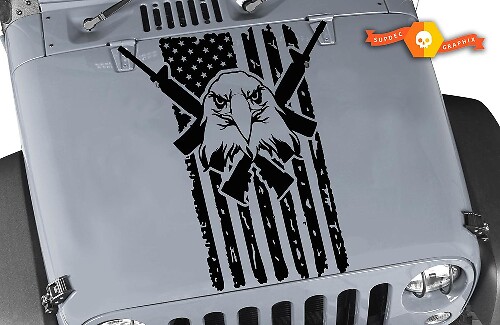 Calcomanía de Vinilo para Capó con Águila Calva, Bandera de EE. UU. Desgastada y Rifles Cruzados para Jeep Wrangler