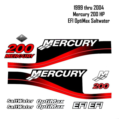 1999-2004 Mercury 200HP Calcomanías rojas EFI OptiMax Saltwater 15pc Repro Fuera de borda Kit de calcomanías de vinilo