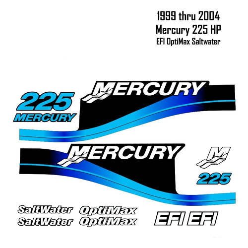 1999-2004 Mercury 225 HP Blue Decals EFI OptiMax Saltwater 15pc Repro Outboard calcomanías gráficos