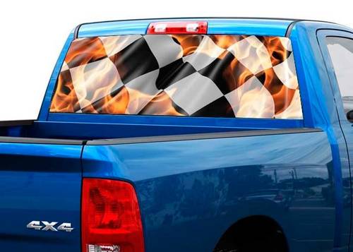 Bandera a cuadros en llamas Calcomanía gráfica para ventana trasera Camión SUV