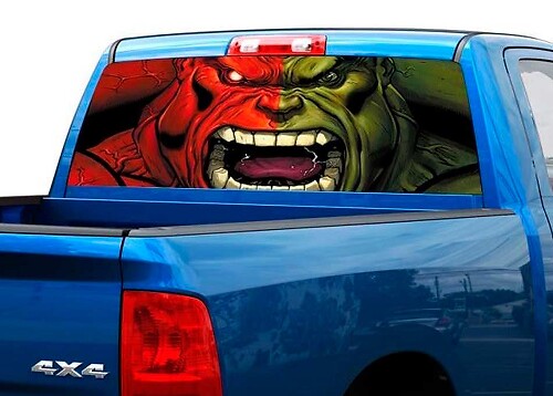 Calcomanía de vinilo para ventana trasera de monstruo estilo Hulk rojo y verde para camionetas y SUV