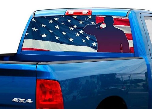 Calcomanía de vinilo para ventana trasera con bandera americana y soldado saludando para camión SUV