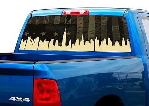 Calcomanía para ventana trasera con bandera de EE. UU. y horizonte de ciudad para camioneta pickup