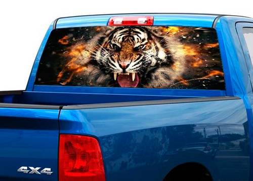 Tigre en llamas Ventana trasera Gráfico Calcomanía Pegatina Camión SUV Vinilo perforado