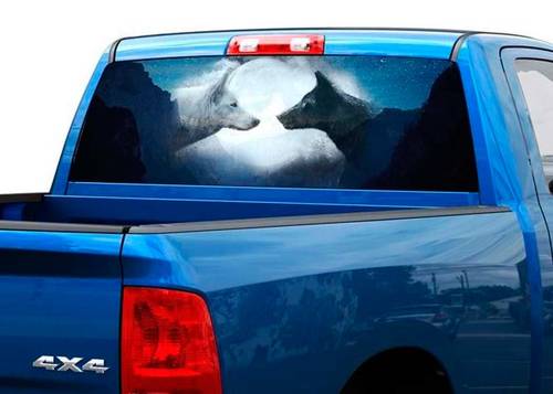 Lobo blanco y negro en la luna pegatina para ventana trasera camioneta camioneta SUV 2