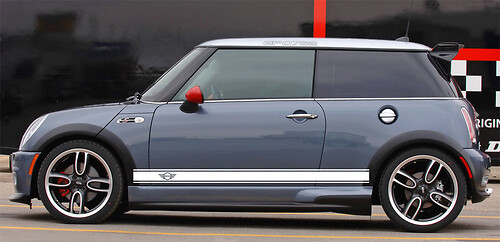 Calcomanía adhesiva lateral de vinilo con franjas contorneadas y logotipo para MINI Cooper