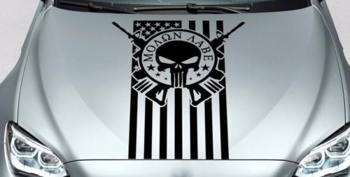 Calcomanía de vinilo para capó con calavera Punisher Molon Labe y bandera de EE. UU.