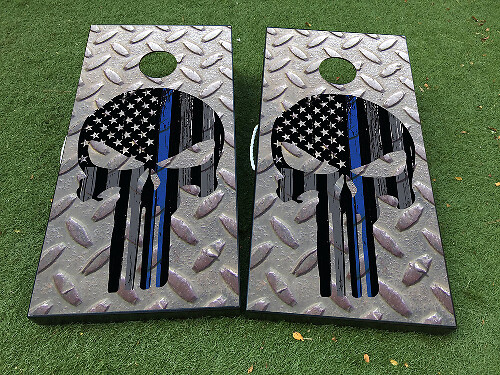 Juego de pegatinas envolventes para tablero de cornhole de acero con línea azul fina y bandera de EE. UU. estilo Punisher