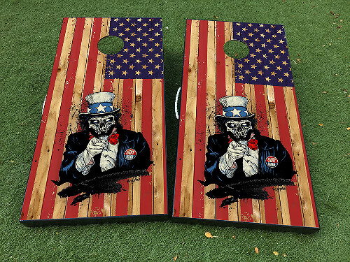 Juego de pegatinas de vinilo para tablero de cornhole con diseño de esqueleto de Tío Sam y bandera americana