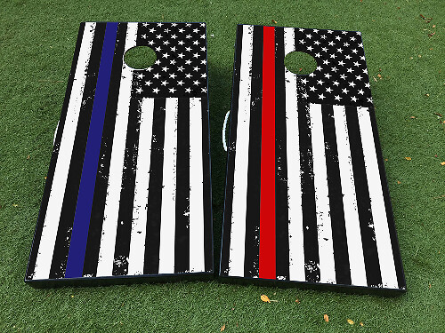 Juego de pegatinas para tablero de cornhole con bandera americana desgastada y líneas azul y roja finas