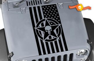 Calcomanía de vinilo para capó de la bandera estadounidense militar Star Punisher compatible con Wrangler TJ LJ JK CJ