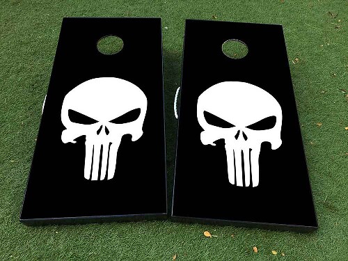 Juego de calcomanías de vinilo para tablero de cornhole con calavera en estilo Punisher en blanco y negro