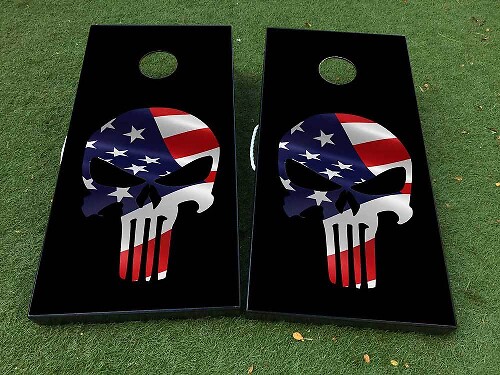 Juego de Calcomanías de Vinilo para Tablero de Cornhole con Calavera Estilo Punisher y Bandera de EE.UU.